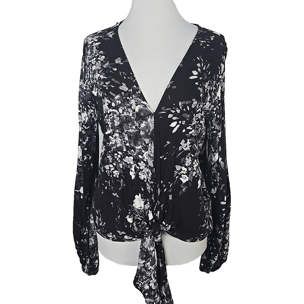 Lovestitch Black & White Abstract Print V-neck Tie Front Blouse Top Medium M